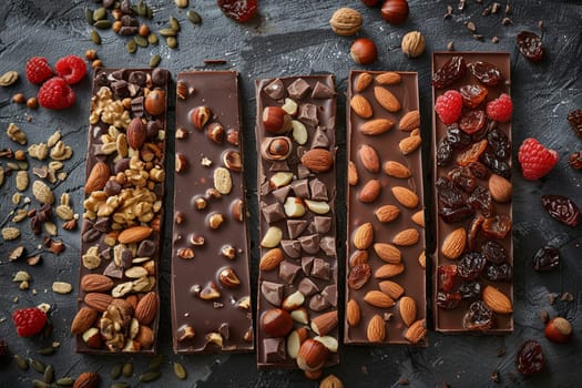 A display of chocolate bars topped with nuts and cranberries for a delicious and textured treat.