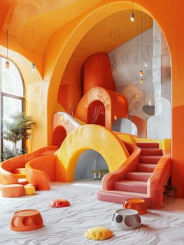 A brightly colored playroom with a tree and a slide. The room is filled with colorful furniture and toys, creating a fun and inviting atmosphere for children to play and explore