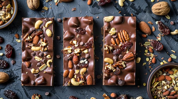 Three chocolate bars containing nuts, almonds, and cranberries, showcasing rich textures and natural ingredients.