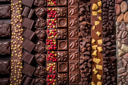 Close up view of a variety of chocolates in different flavors and types, showcasing rich colors and high detail.