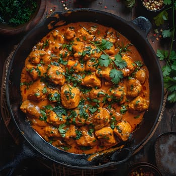 A karahi filled with chicken and sauce placed on a rustic wooden table, ready to be served. This dish is a delicious recipe using fresh produce and cookware