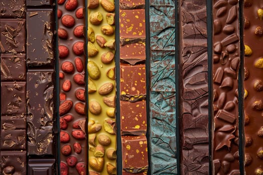 Different types of chocolate bars neatly lined up in a row, showcasing a variety of flavors and types.