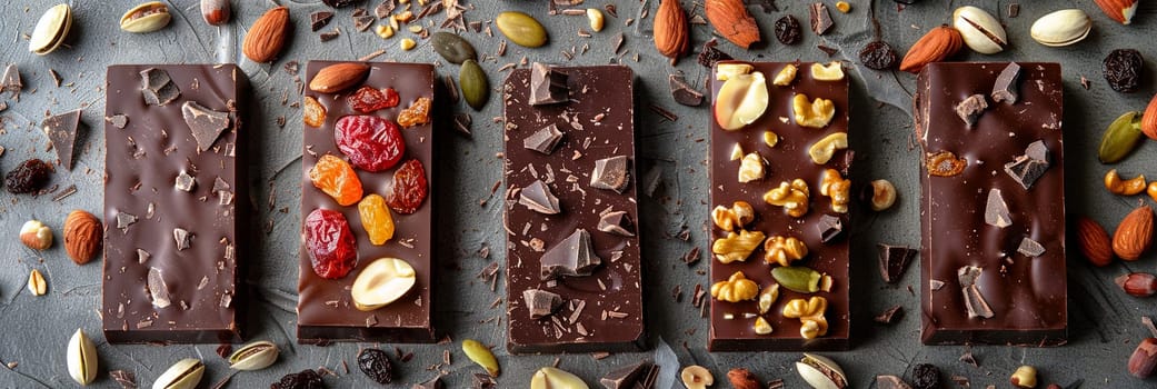 Four chocolate bars adorned with nuts and dried fruits, showcasing rich textures and natural ingredients.