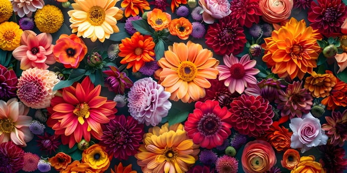 This picture showcases a diverse array of flowers, ranging from vibrant orange to deep magenta. Each flower adds a unique touch to this stunning display of botanical art