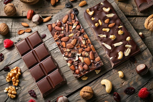 A bar of chocolate surrounded by nuts and cranberries on a textured wooden table.