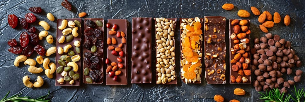 A variety of food items, including chocolate bars, nuts, and dried fruits, displayed on a table.