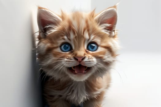 cute red kitten against the background of a light wall in the house .