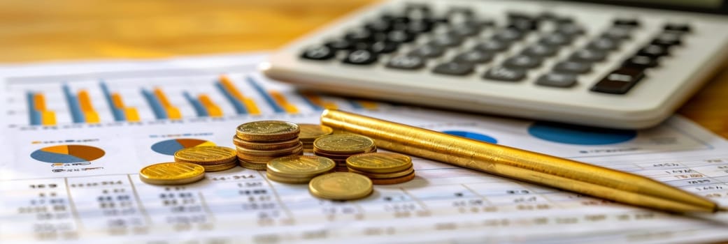 A calculator, coins, and financial charts on a desk, representing the process of financial analysis, budgeting, and investment planning