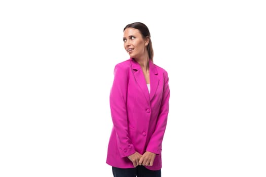 young brunette secretary woman wearing pink jacket smiling on white background with copy space.