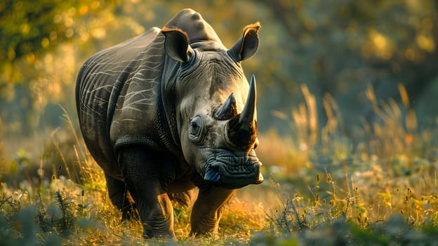 A magnificent Black rhinoceros gracefully strolls through a lush grassy field in its natural landscape, showcasing its powerful snout and terrestrial prowess