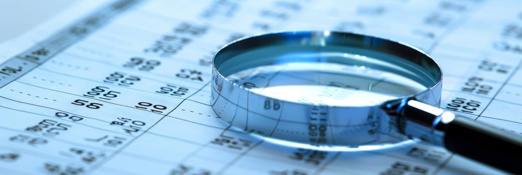 A magnifying glass hovers over a spreadsheet filled with financial data, highlighting the details and insights within the numbers