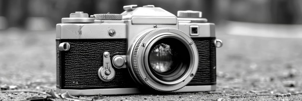 A classic vintage camera, is captured in striking black and white, highlighting its timeless design and mechanical details