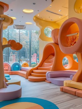 A brightly colored playroom with a tree and a slide. The room is filled with colorful furniture and toys, creating a fun and inviting atmosphere for children to play and explore