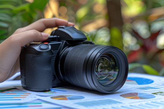 A photographer's hand holds a professional camera, framing the lush, vibrant greenery of the natural surroundings in preparation to capture a stunning outdoor scene