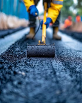 A construction worker in safety gear is using a heavy roller to compact and smooth the freshly laid asphalt on the ground, a crucial step in the road construction process