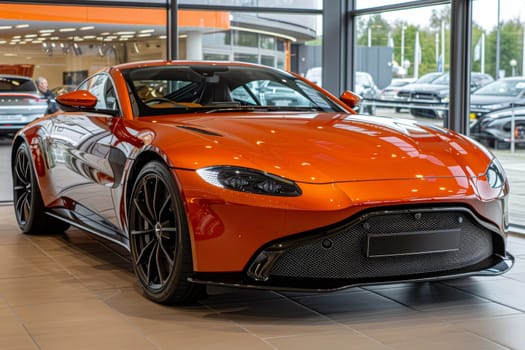 A stunning orange sports car with bold styling and aggressive aerodynamic features, showcased in a modern showroom setting with large windows and clean lines