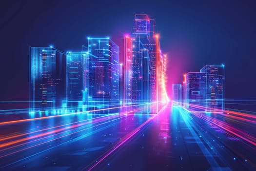 A cityscape with neon lights and a colorful blur of lights. The city is bustling with activity and energy
