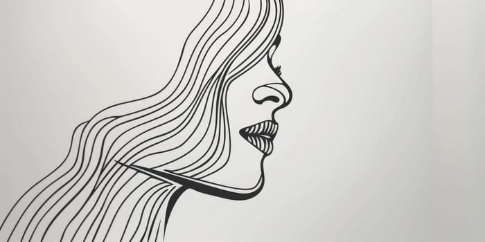 A portrait of young beautiful woman with background. Fashionable lady face with elegance lips with retro colors. Drawing minimalist line art concept. Represented with feminism, beauty, power. AIG42.