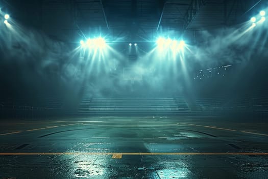 The basketball court is dramatically illuminated by powerful spotlights, creating an intense and captivating atmosphere for a high-energy sports event