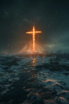 A wooden cross is standing in a field of yellow flowers. The sun is setting in the background, casting a warm glow over the scene. The cross and the flowers create a peaceful and serene atmosphere