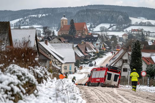 A picturesque snow-covered village is the setting for an emergency response, with a fire truck and emergency personnel visible on the winding street amid the historic buildings and winter landscape