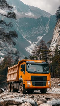 A massive yellow dump truck navigates through a breathtaking, rugged mountain landscape, showcasing the power and capability of industrial equipment in an awe-inspiring natural setting