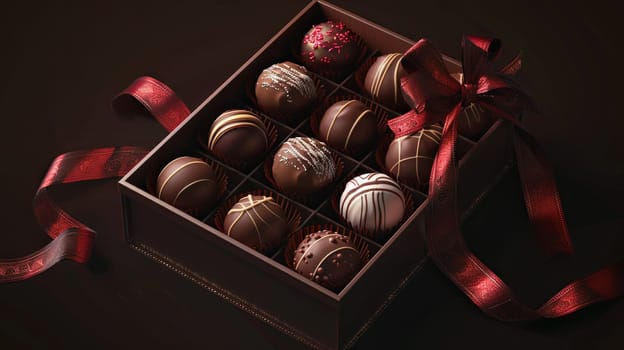 A sophisticated box of dark chocolate truffles adorned with a vibrant red ribbon, exuding elegance and luxury.