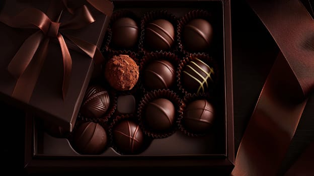 Detailed dark chocolate truffles in an elegant box, adorned with a ribbon.