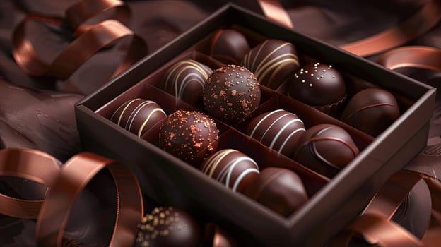A high-detail, elegant box filled with assorted chocolate truffles, adorned with ribbons, placed on a table.