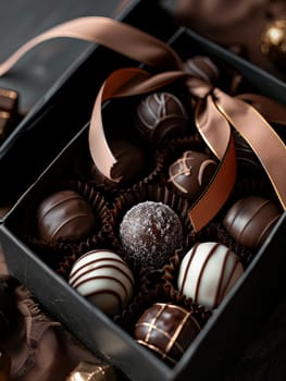 Elegant box of chocolate truffles adorned with ribbon in high detail and rich dark colors.