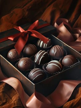 Detailed painting of an elegant box of chocolate truffles with a red bow, showcasing luxurious presentation in rich, dark colors.