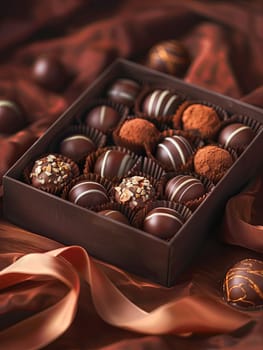 A luxurious box of chocolate truffles, adorned with ribbons, placed on top of a table.