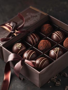 Elegant box of chocolate truffles adorned with a ribbon, showcasing a luxurious presentation with rich dark colors.