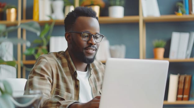 Modern young african man with glasses sitting at desk and working at the laptop at home, black male freelancer or office worker