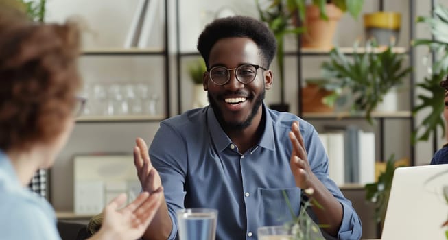 Happy smiling man, business people discussing a new project together sitting at the desk in an office, cheerful african colleagues having a conversation at a meeting