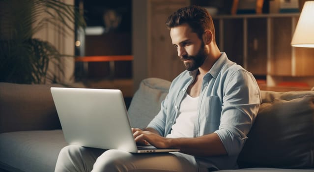 Happy modern young man sitting on the sofa and working at the laptop in the living room at home