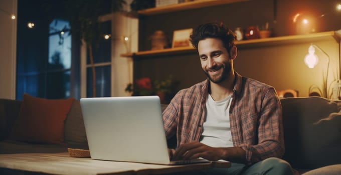 Happy modern young man sitting on the sofa and working at the laptop in the living room at home