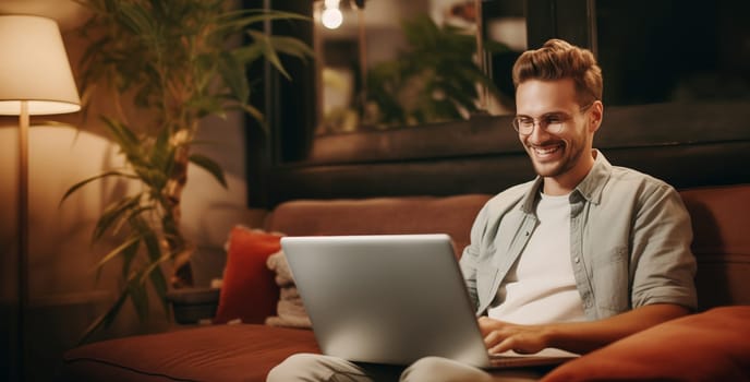 Happy modern young man sitting on the sofa and working at the laptop in the living room at home