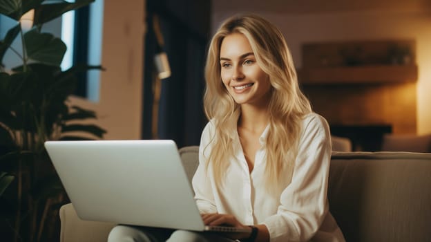 Happy modern young woman sitting on the sofa and working at the laptop in the living room at home