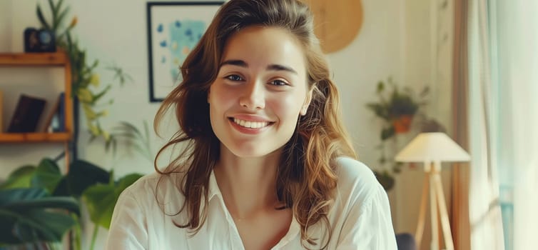 Portrait of beautiful happy smiling young woman looking at camera at home, toothy smile