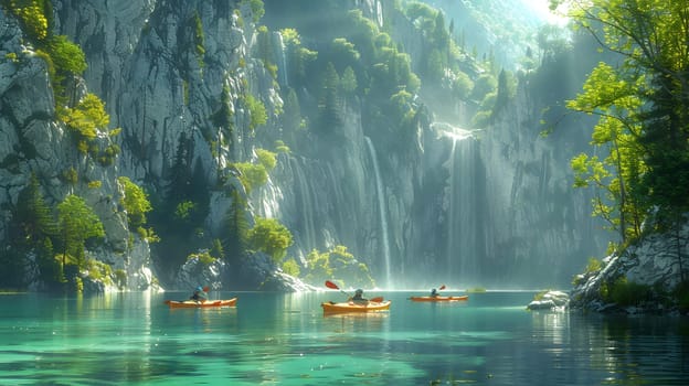 Exploring the ecoregion by boat, a group of people paddle through fluvial landforms of streams on a lake near a waterfall, surrounded by mountains and lush vegetation under the sunlight