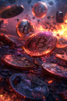 A bunch of coins are falling from the sky, with one of them being a Bitcoin. The scene is chaotic and fiery, with the coins being scattered all over the ground