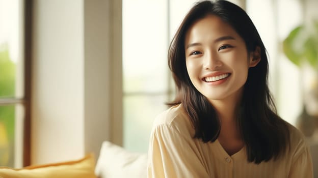 Portrait of beautiful happy smiling young asian woman looking at camera at home, toothy smile