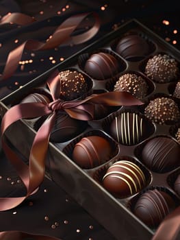 Luxurious box of chocolate truffles adorned with a ribbon in rich dark colors.