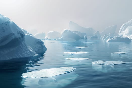 Various icebergs drifting on a body of water in the Arctic region.