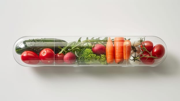 Vegetables and fruits inside the vitamin rich capsule on a white background . Natural products containing dietary fiber and minerals are good for health.