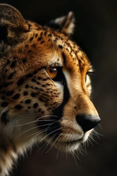 A detailed view of a cheetahs face with its distinctive markings and intense expression.