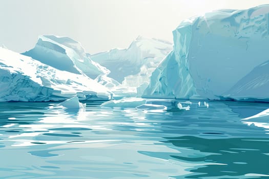 Icebergs float in a frigid Arctic body of water, reflecting light and showcasing their icy textures.