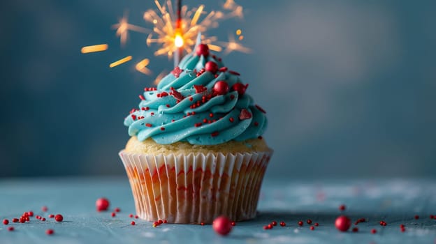 A cupcake topped with vibrant blue frosting and colorful sprinkles.