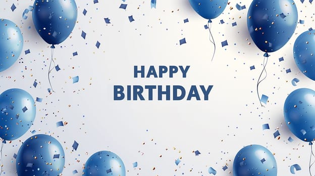 A birthday card featuring blue balloons floating above a scattered confetti design, creating a festive and celebratory atmosphere.